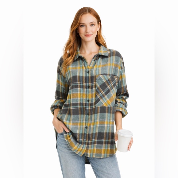 aerie Tops - Aerie AE oversized flannel shirt shacket yellow gray  plaid boyfriend shirt | XS
